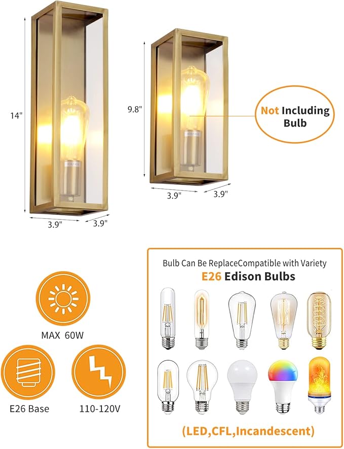 Outdoor Light Fixture, Exterior Wall Sconce, Brushed Brass Frame Wall Light with Clear Glass Shade for Porch, Garage, Patio, Doorway, Hallway