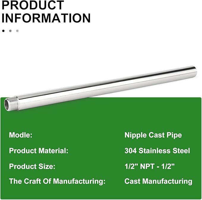 TAISHER 1PCS Stainless Steel Pipe Fittings, 1/2" NPT Male x 1/2" NPT Female Threaded, 16" Length Nipple Cast Pipe