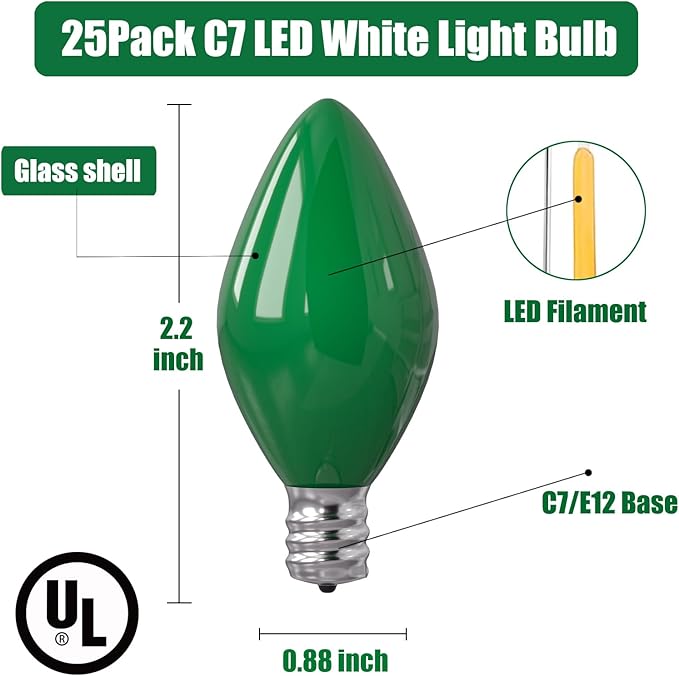 SUNSGNE 25 Pack Green Ceramic Christmas Light Bulbs St. Patrick's Light Bulbs for C7 Christmas St. Patrick's Day Decor, E12 Candelabra Base, 0.6W