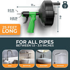 drain snake [25FT] - Auto Feed - Ideal plumbing snake for sink and drain unblocking - Solid drain auger for real DYIs!