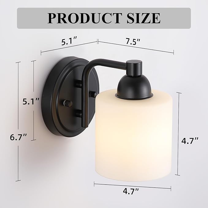 Matte Black Milk Glass Wall Sconces, 1 Pack Hardwired Indoor Wall Light Fixtures for Living Room, Hallway, Bedroom, Ceramic E26 Sockets (Bulbs Not Included)