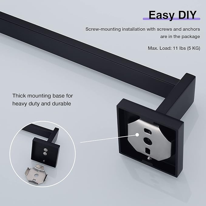 TRUSTMI Black Bathroom Hardware Set Contemporary 5-Pieces Wall Mounted Towel Bar Set, Stainless Steel Square Shaped Bathroom Hardware Accessories, Matte Black