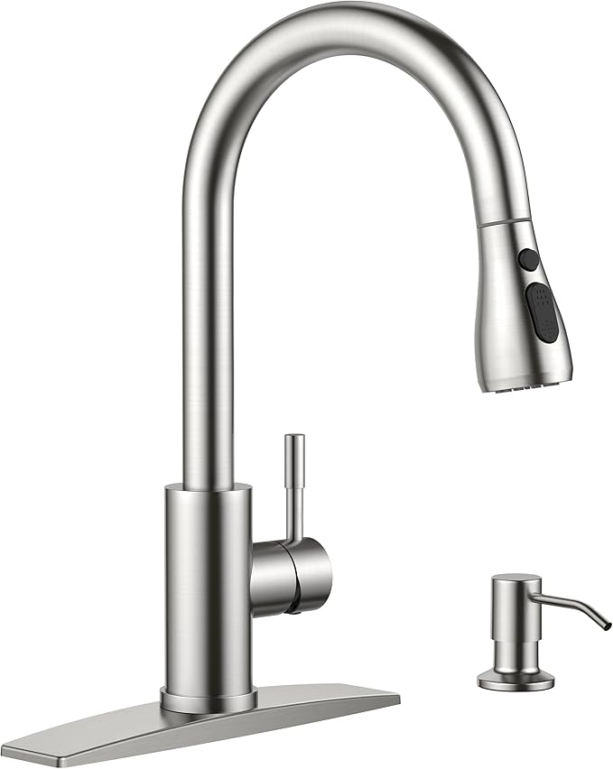 Kitchen Faucet with Soap Dispenser, Brushed Nickel High Arc Stainless Steel Modern Sink Faucet with Pull Down Sprayer, Deck Plate for 1 or 3 Hole Sinks for RV Bar Laundry Farmhouse