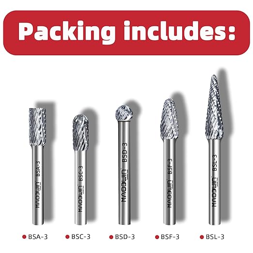 Carbide Burrs Set, 1/4" Shank Double Cut, Solid Power Tools 5PCS Spiral Rotary Files Die Grinder Bits for Metalworking Wood Cutting Carving & Deburring