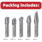 Carbide Burrs Set, 1/4" Shank Double Cut, Solid Power Tools 5PCS Spiral Rotary Files Die Grinder Bits for Metalworking Wood Cutting Carving & Deburring