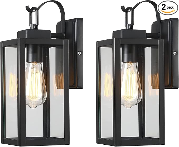 Pia Ricco Outdoor Wall Lights, Matte Black Exterior Light Fixture with Clear Glass Shade, Waterproof Front Porch Lighting, Modern Sconce Lantern for Outside, House, Garage, ETL Listed, Pack of 2