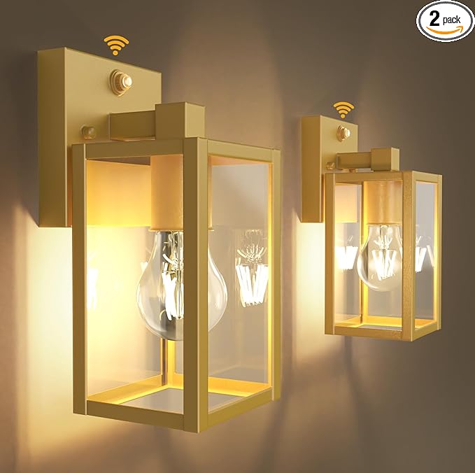 PARTPHONER Dusk to Dawn Outdoor Light Fixtures, 2-Pack Sensor Porch Lights, Waterproof Exterior Wall Sconce Lighting Lamp, Waterproof Wall Lantern for House, Doorway, Garage (Gold)
