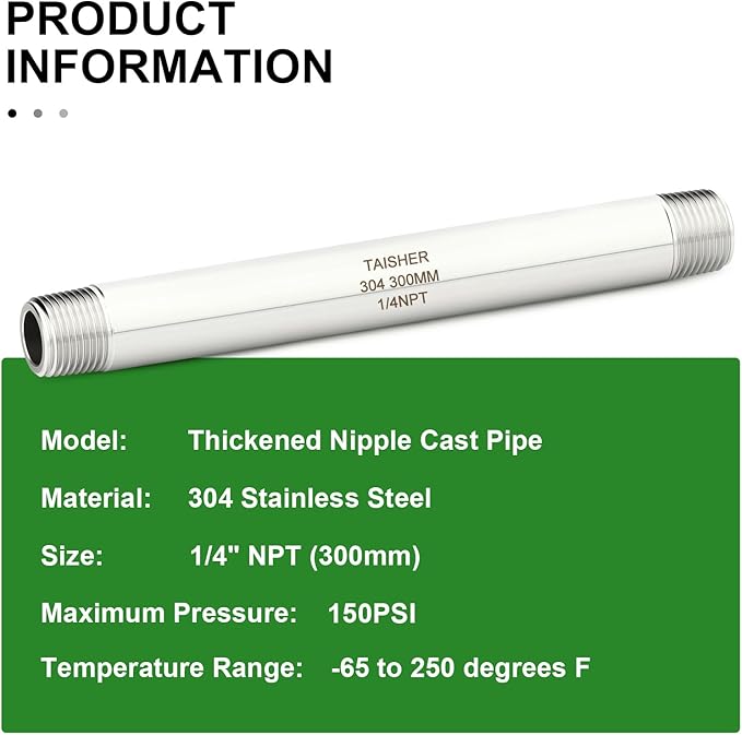 TAISHER 2PCS Stainless Steel Pipe Fittings, 1/4" NPT Male x 1/4" NPT Male Threaded, 12" Length Thickened Nipple Cast Pipe