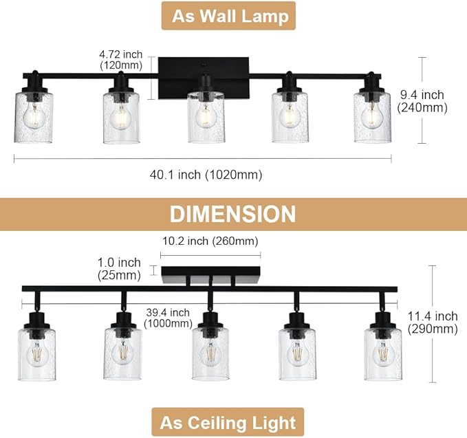5-Light Track Lighting Fixtures, Black Flush Mount Ceiling Light Bathroom Wall Sconce Spotlight, Seeded Glass Shade