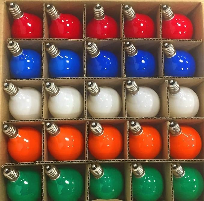 Abeja 25 Pack G40 Multicolor Ceramic Enamel Bulbs, G40 Globe Christmas Replacement Bulbs for Outdoor Patio String Lights, Shatterproof Round Christmas Light Bulbs, E12/C7 Candelabra Base, 5 Watt