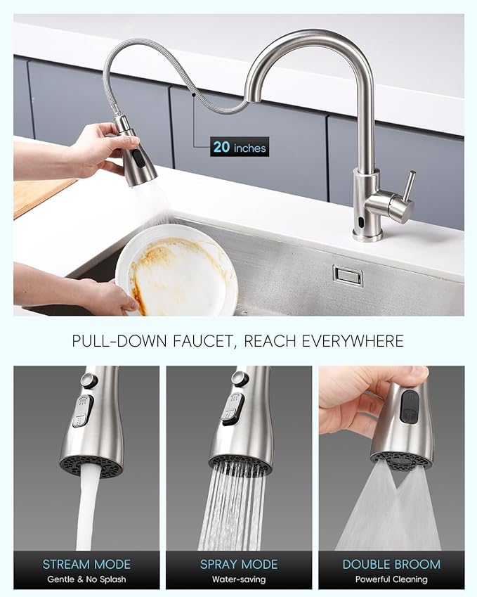 APPASO Touchless Kitchen Faucet with Pull-Down Sprayer, Kitchen Sink Faucet Touchless Brushed Nickel, Single Handle Hands-Free Motion Sensor Faucets Suitable for 1 or 4-Hole Sink, Stainless Steel