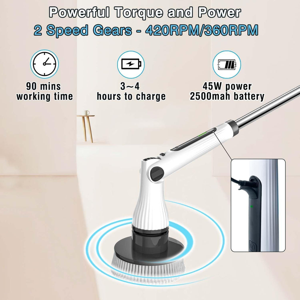 Electric Spin Scrubber, 8 in 1 Electric Cleaning Brush, Cordless Rechargeable Scrub Brush with 8 Replaceable Brush Heads, Adjustable Length and Angle Power Scrubber for Bathroom Tile Bathtub Glass