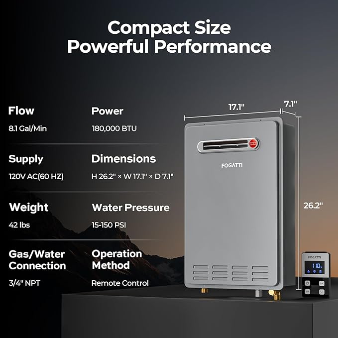 FOGATTI Propane Gas Tankless Water Heater Outdoor - Max 8.1 GPM 180,000 BTU, CSA Certified Compact Design On Demand Instant Hot Water Heater - Instagas Comfort 180S Series