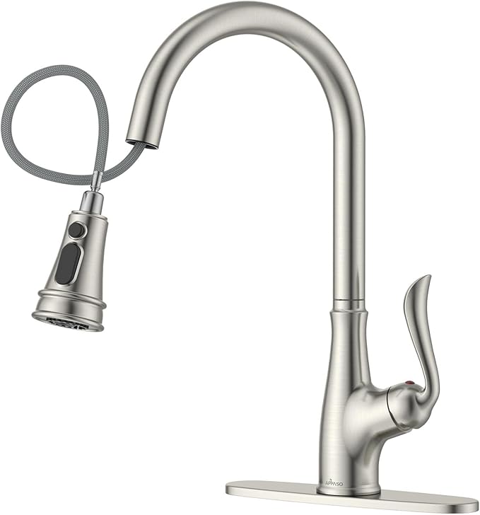 APPASO Brushed Nickel Kitchen Faucet, Single Handle Kitchen Faucet with Pull Down Sprayer, Stainless Steel High Arch, Neoperl Aerator, CUPC-Certified Pull-Out Hose, Water Supplies and Valve Core