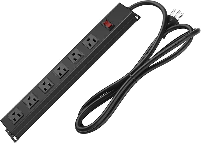 Metal Wall Mount Power Strip, Mountable Power Outlet with 6 AC Outlets, Aluminum Alloy Mount Power Socket with Switch, 10 FT SJT 3/C 14AWG Power Cord, 15A 125V 1875W (6AC) Black