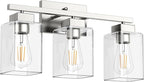 PARTPHONER 3-Light Bathroom Light Fixtures, Brushed Nickel Modern Vanity Lights, Bathroom Lighting Fixtures Over Mirror, Square Design Farmhouse Wall Sconces with Clear Glass Shades
