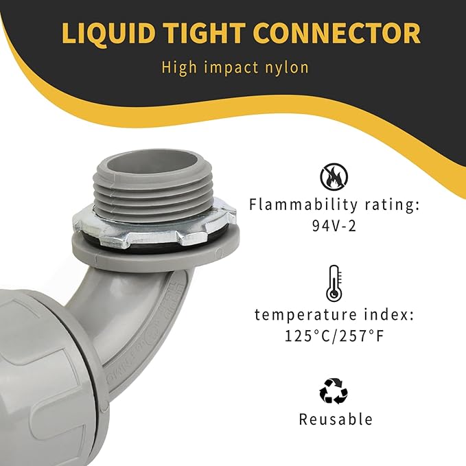 Conduit Connectors, 3/4 Inch Liquid Tight Connector NPT Non-Metallic for PVC Electrical Flexible Conduit Fittings, 90 Degree, UL Listed for Home Outdoor Tubes Tools, Grey (48-Pack)