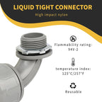 Conduit Connectors, 3/4 Inch Liquid Tight Connector NPT Non-Metallic for PVC Electrical Flexible Conduit Fittings, 90 Degree, UL Listed for Home Outdoor Tubes Tools, Grey (4-Pack)