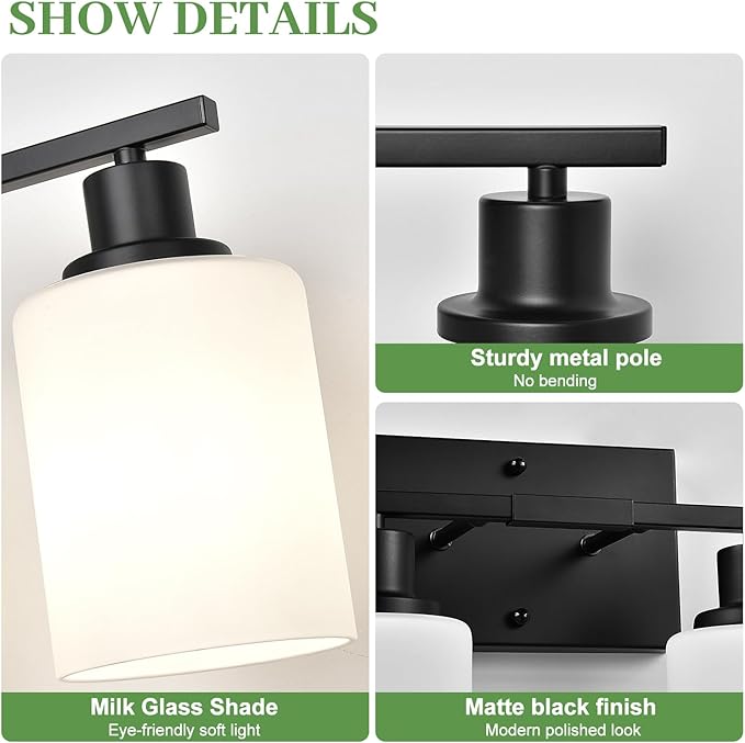 4-Light Bathroom Light Fixtures, Vanity Light with Milky White Shades, Matte Black Bathroom Light Fixtures Over Mirror, Modern Bathroom Wall Lamp for Mirror Living Room Cabinet Bedroom