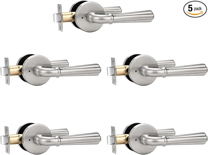 Orger 5Pack Satin Nickel Privacy Door Lever Interior Door Handle with Lock, Keyless Bed Bath Door Handle Round Door Lever Reversible for Left & Right, Modern Privacy Door Lock Stainless Steel