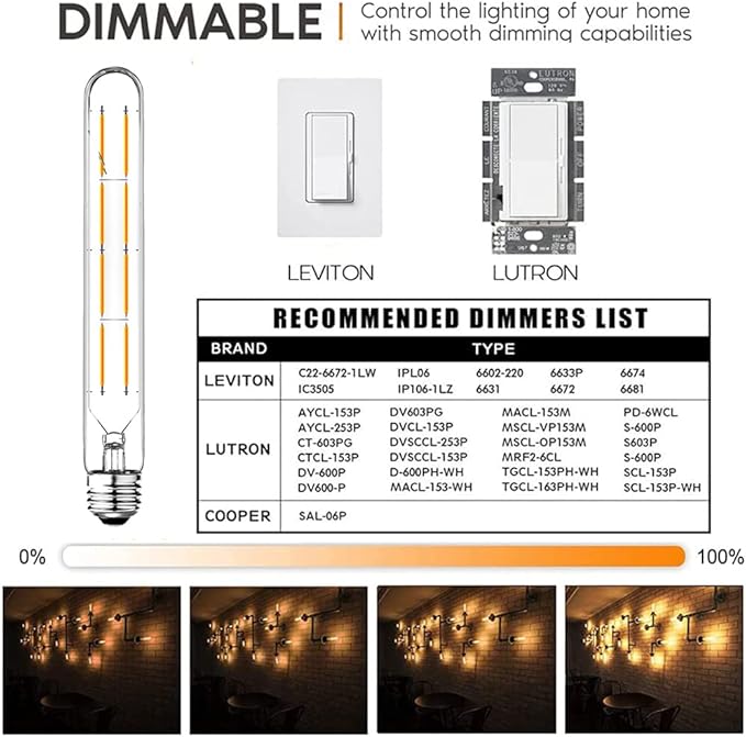 Dimmable 8W T10 LED Bulbs Warm White 2700K E26 8.9inch Long Tubular Light Bulb 75 Watt Vintage Edison LED Filament Bulb 800lm E26 Base Tube Bulb,Pack of 4