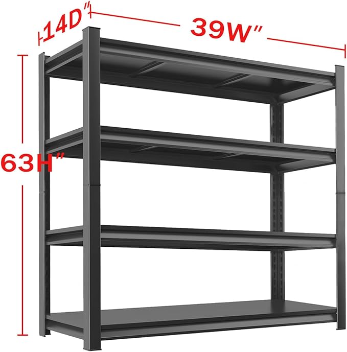 Metal Garage Storage Shelves Heavy Duty Shelving Unit 4 Tier Steel Adjustable Organizing Shelves 2500 LBS Capacity Industrial Shelving Ideal for Garage Tote Pantry Basement Outdoor, 63”Hx39”Wx14”D