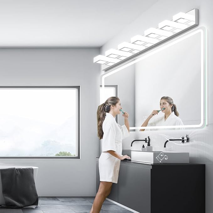Ralbay 46" Modern LED Chrome Vanity Lights 7 Lights Acrylic Stainless Steel LED Vanity Light Fixtures Chrome Bathroom Lighting Over Mirror