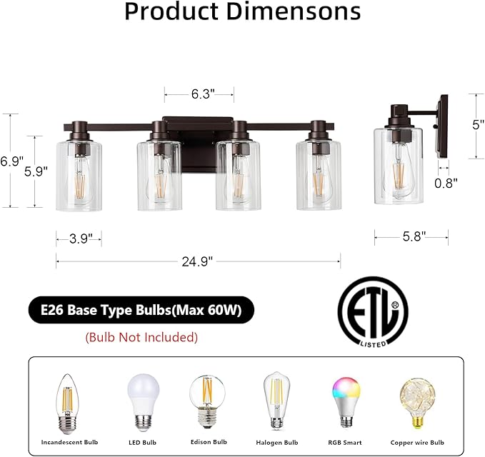 4 Lights Bathroom Lighting Fixtures Over Mirror Oil Rubbed Bronze Bathroom Vanity Light Fixture Farmhouse Vanity Light Vintage for Bedroom Living Room Hallway