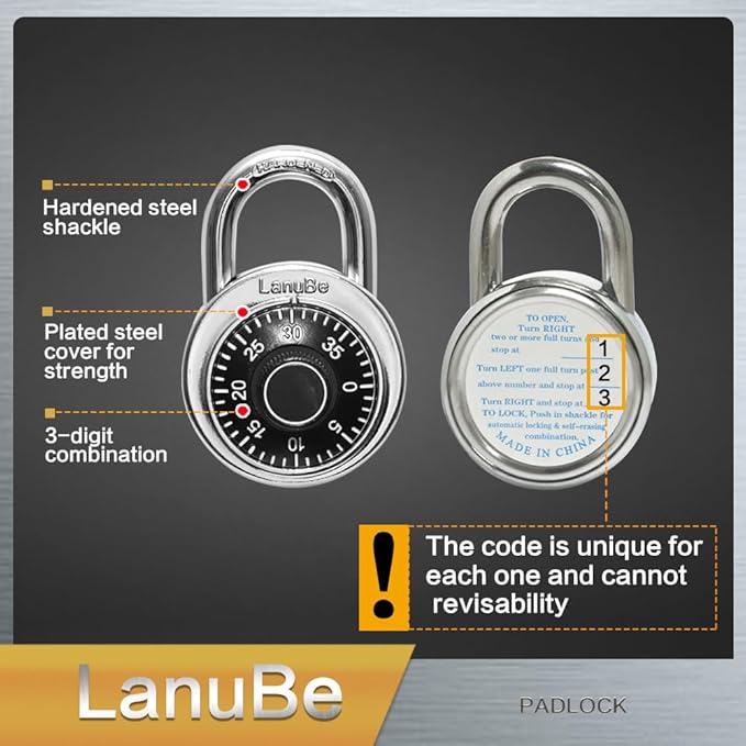 LanuBe Lock Standard Dial Combination Lock, 2 in. Wide, with Different Combinations, Black Turnplate, Pack of 16; Lock for School, Employee, Gym & Sports Locker, Case, Toolbox, and so on