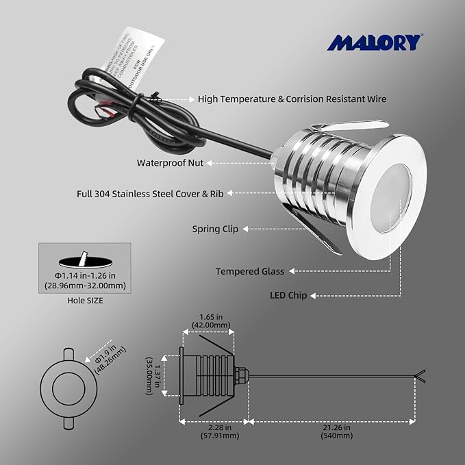 MALORY Recessed LED Deck Light 6Pack, 3W 4000K12V Low Voltage Landscape Lighting, Outdoor Step Stair Lights, Full 304 Stainless Steel Deck Lighting for Outside Floor Yard (SG06, 6-Pack 4000K)