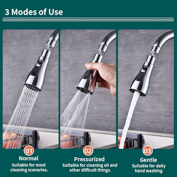 3 Function Sink Extender, Kitchen Faucet Sprayer Head & Swivel Spout Connector - Silver