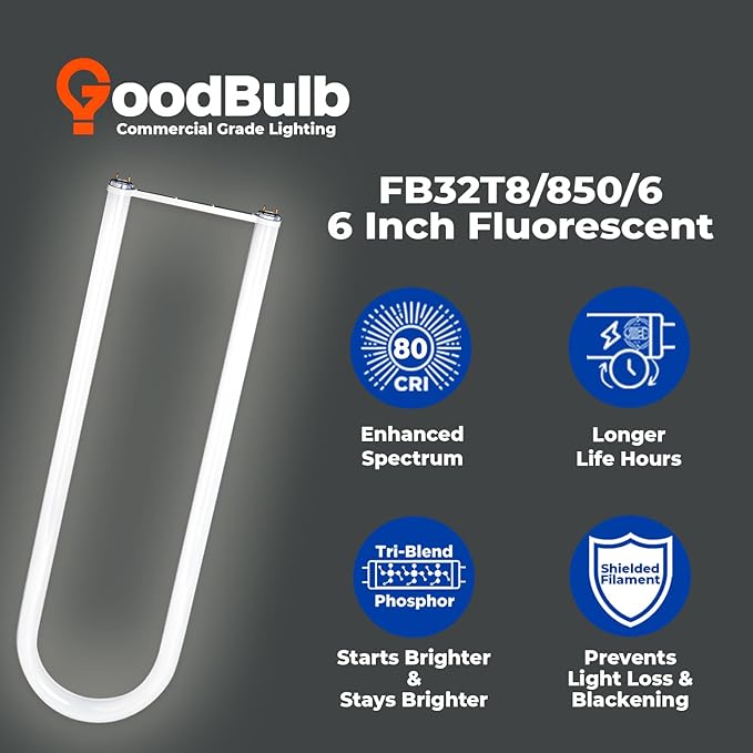 GoodBulb 32W T8 U Bend Fluorescent 6" Tube | 5000K Daylight Medium Bi-Pin Base | 3050 Lumens 85 CRI 24000 Life Hours 32 Watts | Car Dealership Lighting | 10 Pack