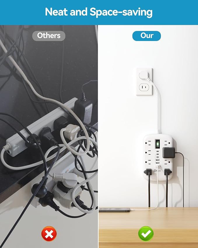 Short Extension Cord 1 ft - 2 Prong Power Strip 1700J Appliance Surge Protetor with 15A 8 Outlets 6 USB (5V/4.8A 24W) Charging Ports, Multi Plug Wall Outlet Extender for Home Office Dorm Roomc, White