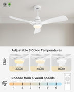 52 Inch Ceiling Fans with Lights Remote, White Ceiling Fans 3 Color Temperature, Timer, ETL Listed, 3 Downrods, 3 Blades, 6 Speed Modern Fan Quiet Reversible DC Motor for Patio Outdoor