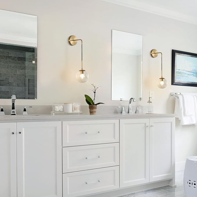 KCO Lighting Modern Gold Globe Wall Sconce Mid Century Raw Brass Round Glass Wall Mounted Light Minimalist Vanity Adjustable Cord Wall Lamp for Bathroom Mirror Bedside Stairs (Amber)