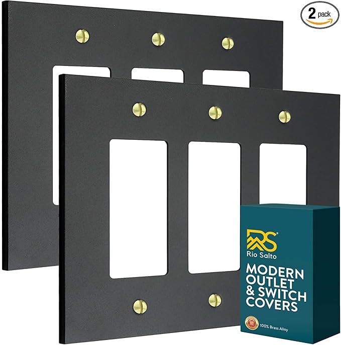RIO SALTO Modern Metal Matte Black 2-PACK Triple Decorator Wall Outlet Cover Light Switch Cover Double Rocker Decora Electrical Decorator Wall Plate Electric Covers Black Receptacle - Midsize 3 Gang