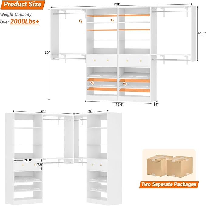 [10 FT Closet System] Reversible Set of 2 Wood Closet Organizer System with 2 Drawers, 4 Hanging Rods Adjustable Shelf, Walk In Closet Organizers with Shoe Rack, Garment Rack Clothes Rack, White