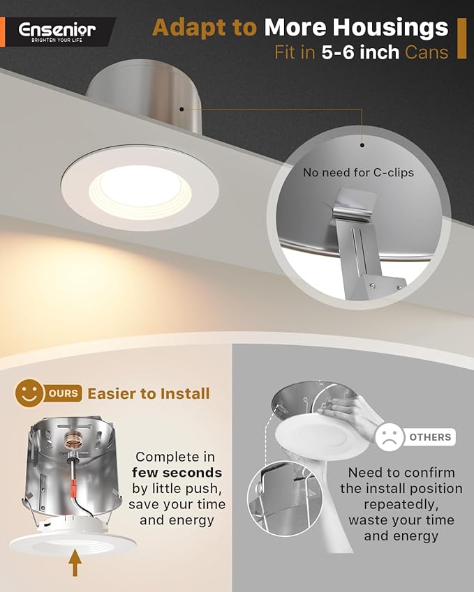 Ensenior 5/6 Inch 5CCT LED Can Lights 24 Pack, Retrofit Led Recessed Lighting, Baffle Trim, Dimmable, 9W=110W, 1000LM, 2700K/3000K/3500K/4000K/5000K Selectable, IC Rated - ETL & FCC