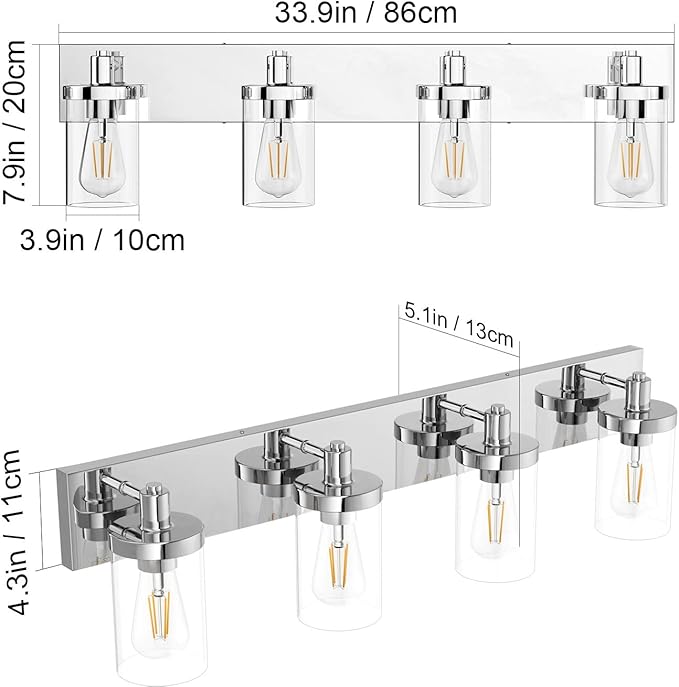 Aipsun Bathroom Vanity Light Farmhouse 4 Light Chrome Vanity Lighting Fixtures with Clear Glass Shade(Exclude Bulb)