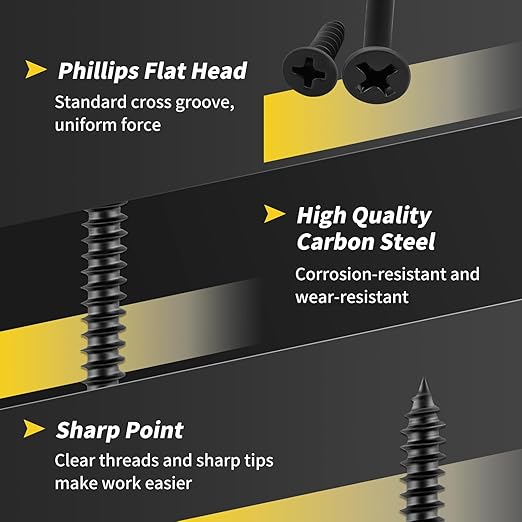 Wood Screws Assortment Kit, FIXLINK 240 PCS High Hardness Flat Head Wood Screws Set, Phillips Drive Assorted Screws, Contain 15PC Anchors and 8 Size (2-1/2”,2”,1-1/2”,1-1/4”,1”,3/4”,5/8”,1/2”), Black