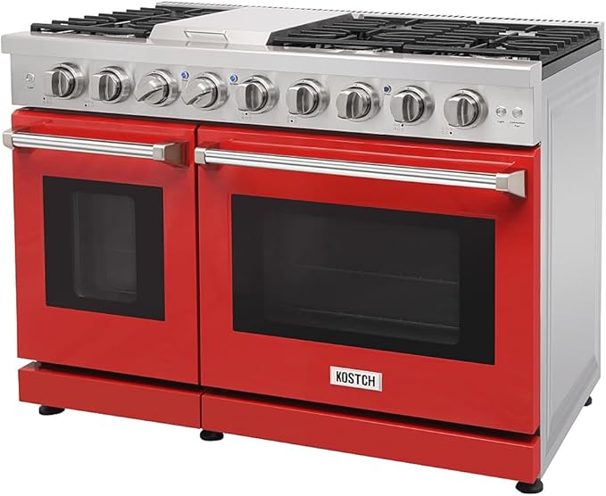 48 Inch Pro-Style Propane Gas Range with 6 Burners & 1 Griddle Cooktop, Double 4.6 cu. ft. and 2.2 cu. ft. Oven, in Stainless Steel - KOS-48RG03MLP (Red)