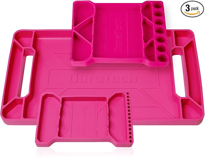 DuraTech Flexible Tool Tray, Silicone Tool Holder for Mechanics Storage, Heat and Chemical Resistant Tool Organizer for Automotive, Industry and Household(3pack Pink)