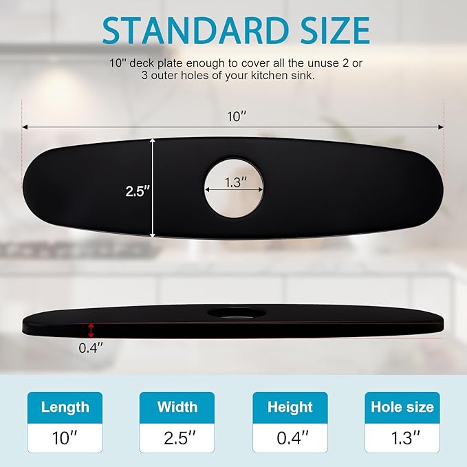 Faucet Plate, 10 Inch Sink Hole Cover, Faucet Deck Plate for 1 or 3 Hole Bathroom or Kitchen Sink Faucet Stainless Steel Escutcheon Plate Matte Black, Round