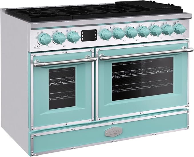 Akicon 48" Freestanding Gas Cooktop Oven Combo, Features 8 Sealed Burners, 6.7 Cu.ft Rapid Convection Oven, Convertible Fuel (NG/LP), Durable Cast Iron Grating (BESBESB1)