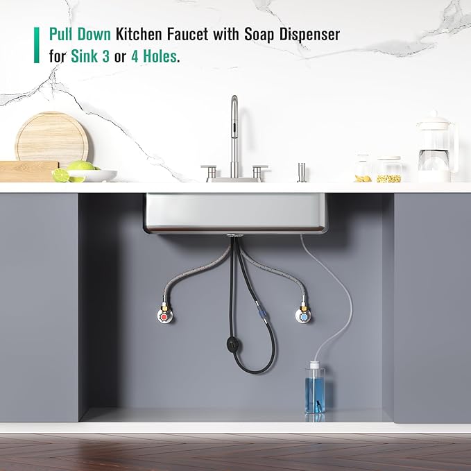 CREA 4 Holes Kitchen Faucets with Pull Down Sprayer and Soap Dispenser,Two Handles 8-Inch Bar Sink Faucet for RV Laundry Camper Utility Sink Brushed Nickel Stainless Steel