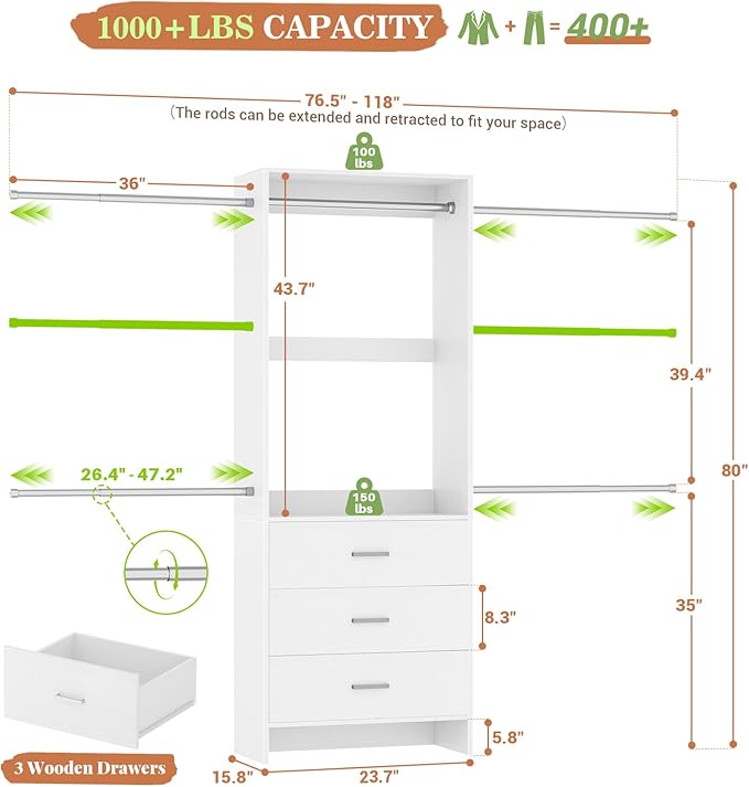 Aheaplus Closet System, Closet Organizer with 3 Wooden Drawers, Closet Organizer System, Walk-in Closet Wardrobe Clothes Rack with 4 Hanging Rods, Garment Rack, -4R, White
