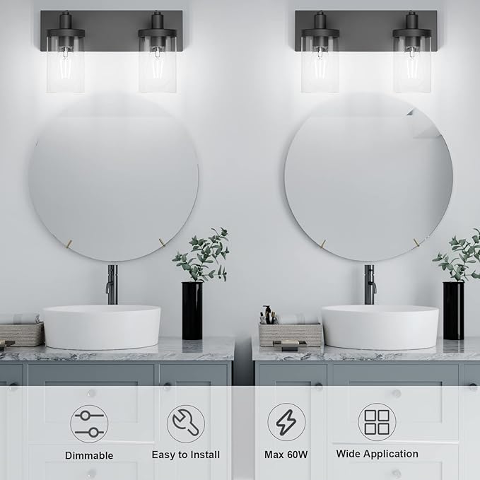 Aipsun Black Bathroom Light Fixtures Vintage Vanity Light for Bathroom Industrial Wall Sconce with Clear Glass Shade(Exclude Bulb)