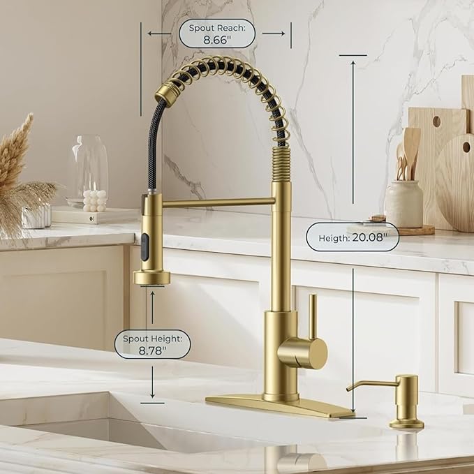 Smart Kitchen Faucet, 3 Modes Pull Down Sprayer, Smart Touch On Sensor Activated, Ceramic Disc Valve, 360-Degree Rotation, 1 or 3 Hole Deck Plate. 20-Year Warranty. (KW-62J, Brushed Gold)