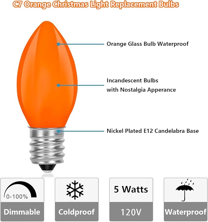 C7 Orange Light Bulbs- 25 Pack Vintage Ceramic Orange Light Replacement Bulbs for Halloween Christmas Lights Night Light Chandelier Fall Holiday Decor, E12 Candelabra Base, 5 Watts