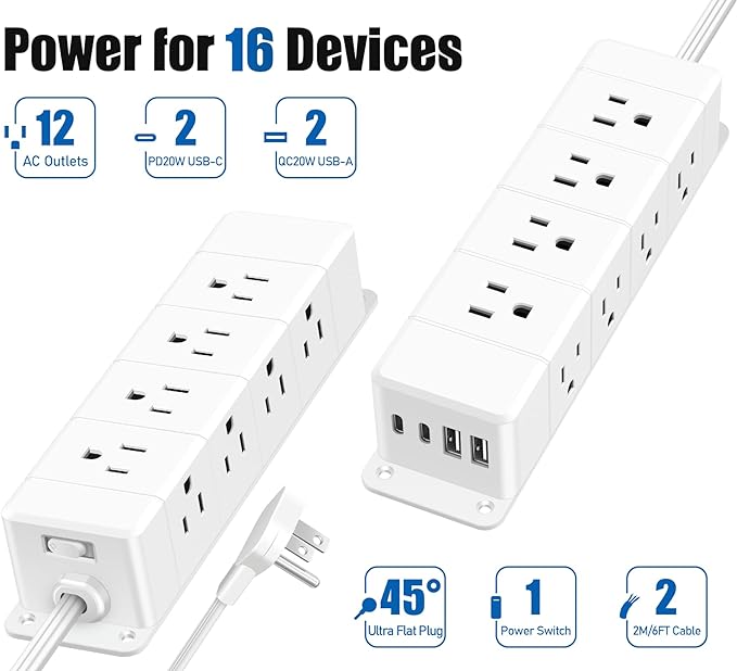 ANNQUAN 40W Fast Charging Under Desk Power Strip,12 Outlet Mountable Power Strip with 4 USB,1200J Surge Protection,6FT Flat Extension Cord